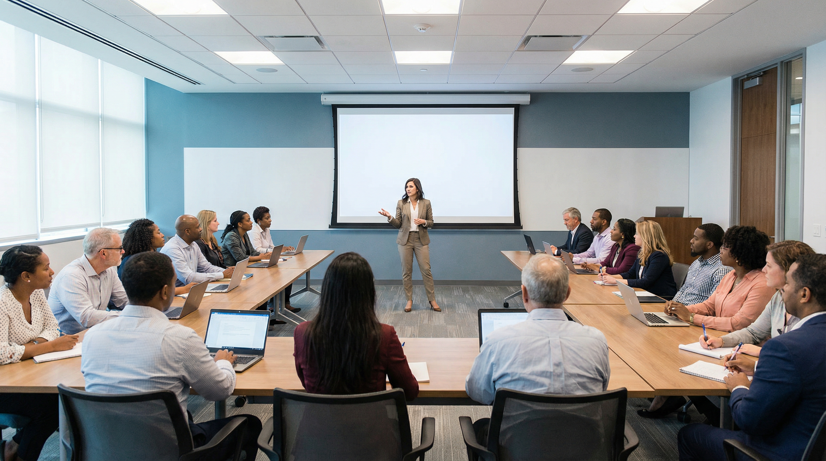 Professional trainer presenting to a group of delegates in a modern training room